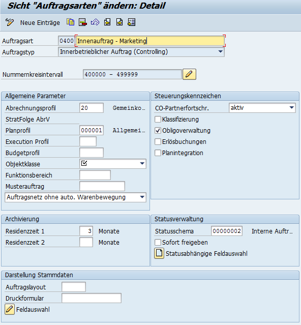 SAP IM Investitionsprojekte Detailsicht Auftragsarten Detailsicht