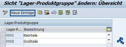 SAP EWM Lager-Produktgruppe definieren neuer Eintrag