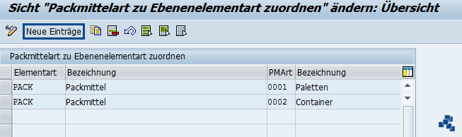 SAP EWM Packmittelart der Elementart zuordnen neuer Eintrag