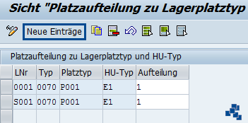 SAP EWM Platzaufteilung für Platztyp und HU-Typ vornehmen_neuer Eintrag