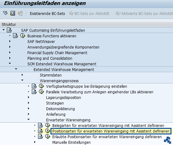 SAP EWM Positionsarten für erwarteten Wareneingang mit Assistent definieren_Customizing